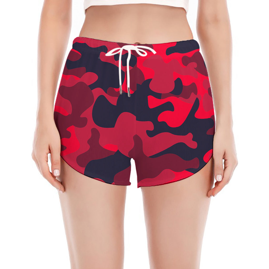 Red Pink And Black Camouflage Print Women's Split Running Shorts