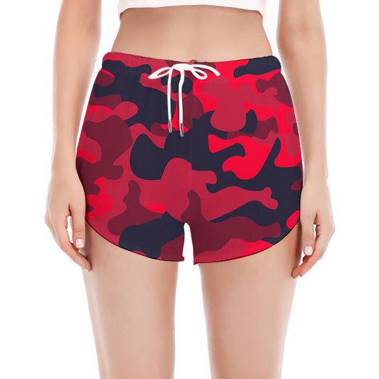 Red Pink And Black Camouflage Print Women's Split Running Shorts