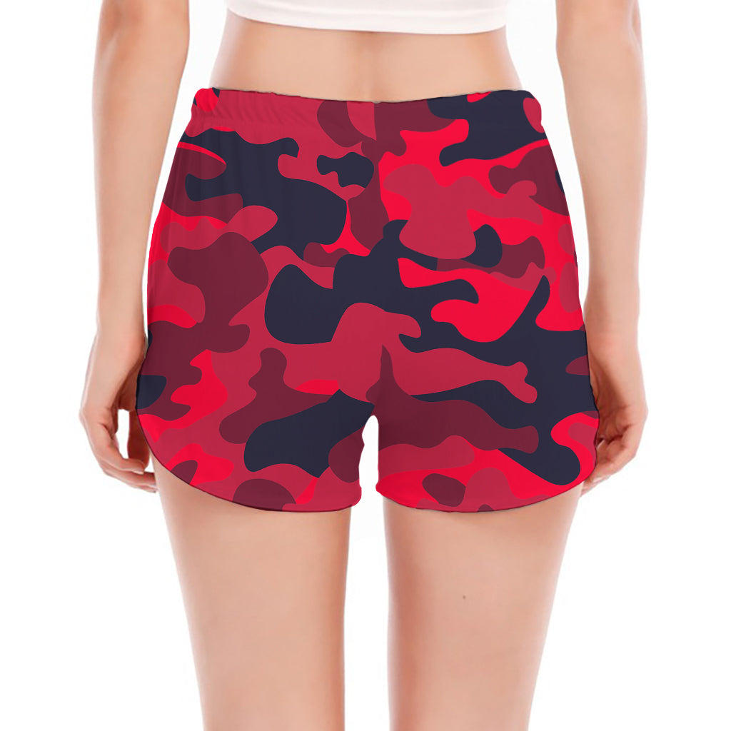 Red Pink And Black Camouflage Print Women's Split Running Shorts