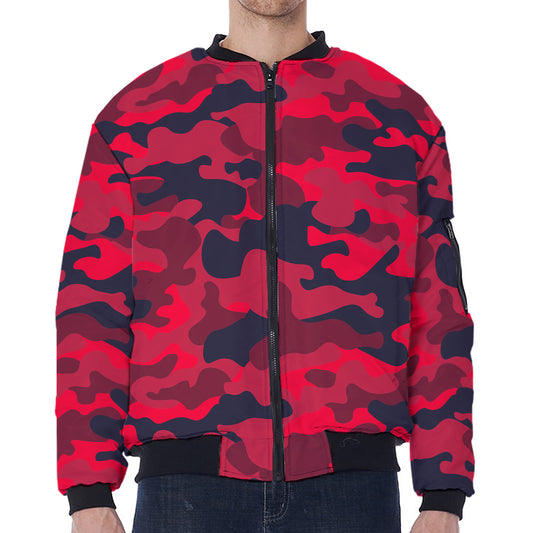 Red Pink And Black Camouflage Print Zip Sleeve Bomber Jacket