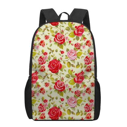 Red Pink Rose Floral Pattern Print 17 Inch Backpack