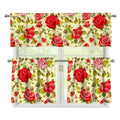 Red Pink Rose Floral Pattern Print 3 Piece Kitchen Curtains