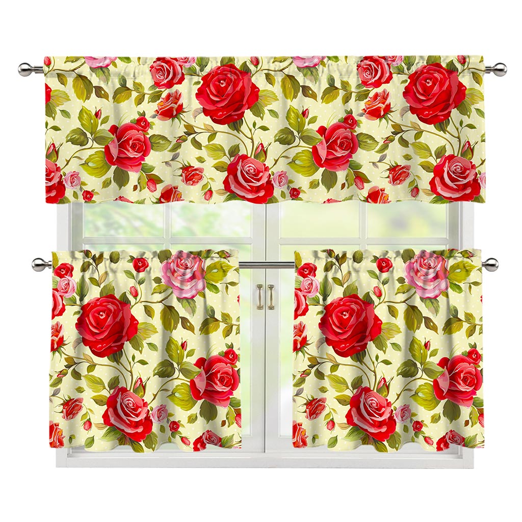 Red Pink Rose Floral Pattern Print 3 Piece Kitchen Curtains