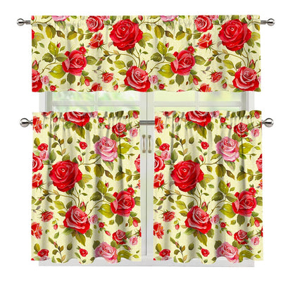 Red Pink Rose Floral Pattern Print 3 Piece Kitchen Curtains