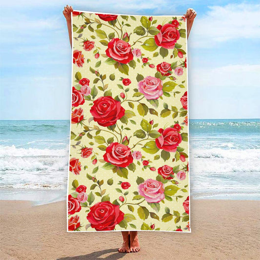 Red Pink Rose Floral Pattern Print Beach Towel