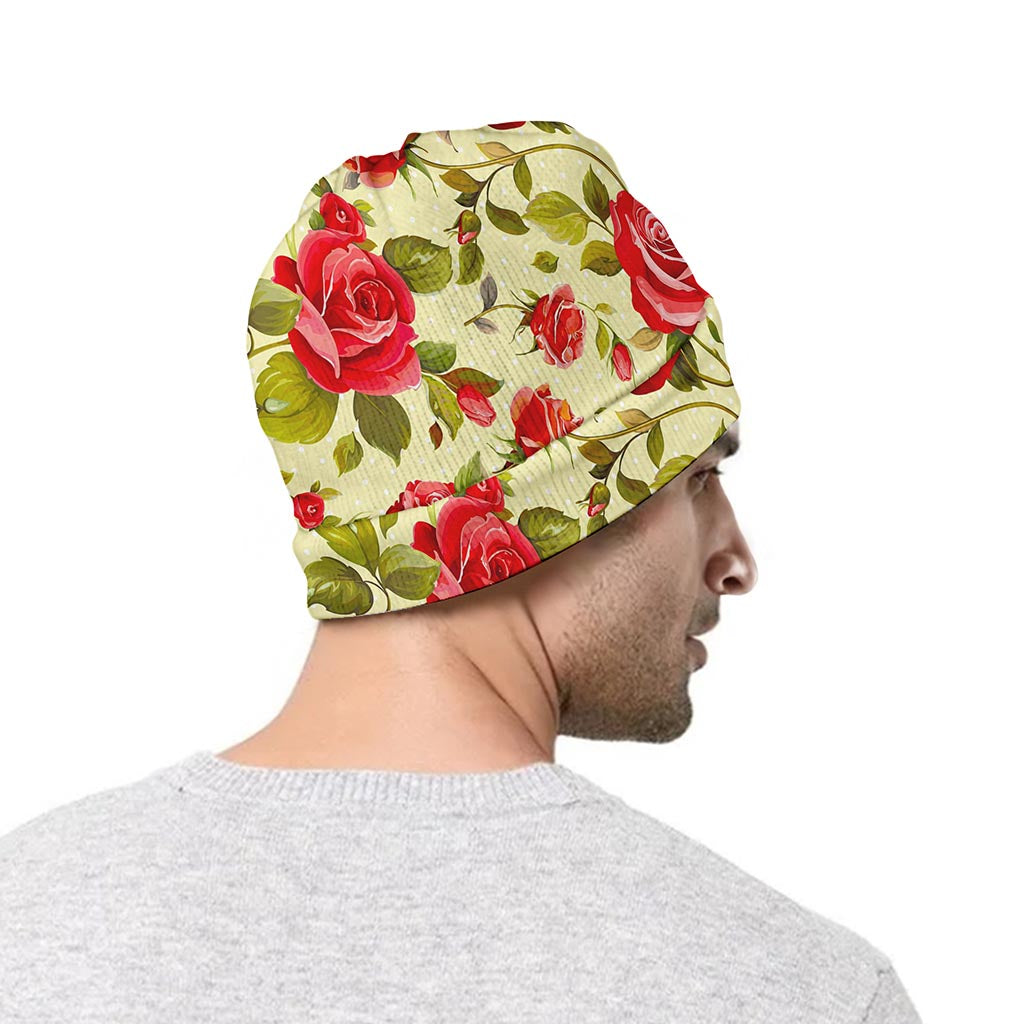 Red Pink Rose Floral Pattern Print Beanie