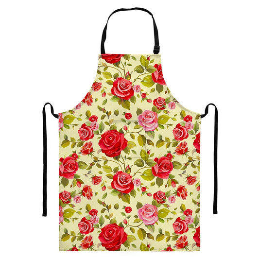 Red Pink Rose Floral Pattern Print Bib Apron With Pocket