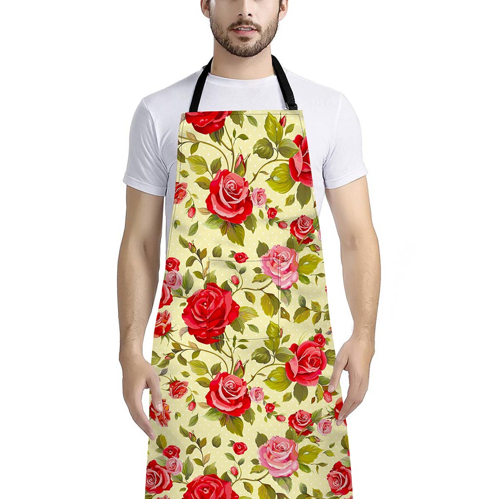 Red Pink Rose Floral Pattern Print Bib Apron With Pocket