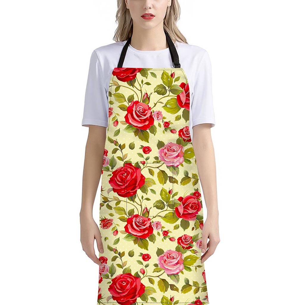 Red Pink Rose Floral Pattern Print Bib Apron With Pocket