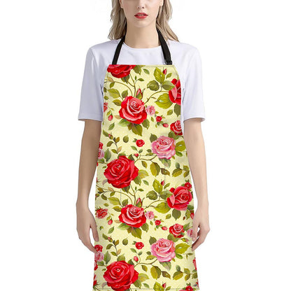 Red Pink Rose Floral Pattern Print Bib Apron With Pocket