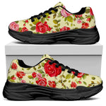 Red Pink Rose Floral Pattern Print Black Chunky Shoes