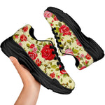 Red Pink Rose Floral Pattern Print Black Chunky Shoes