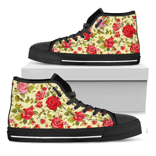 Red Pink Rose Floral Pattern Print Black High Top Sneakers