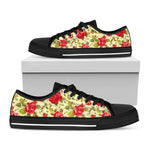 Red Pink Rose Floral Pattern Print Black Low Top Sneakers