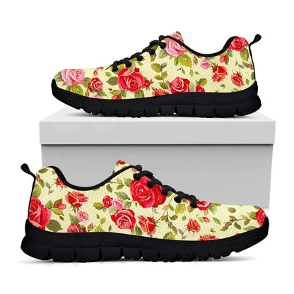 Red Pink Rose Floral Pattern Print Black Running Shoes