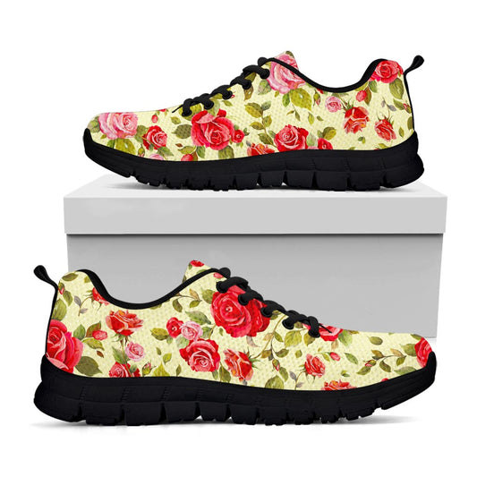 Red Pink Rose Floral Pattern Print Black Running Shoes