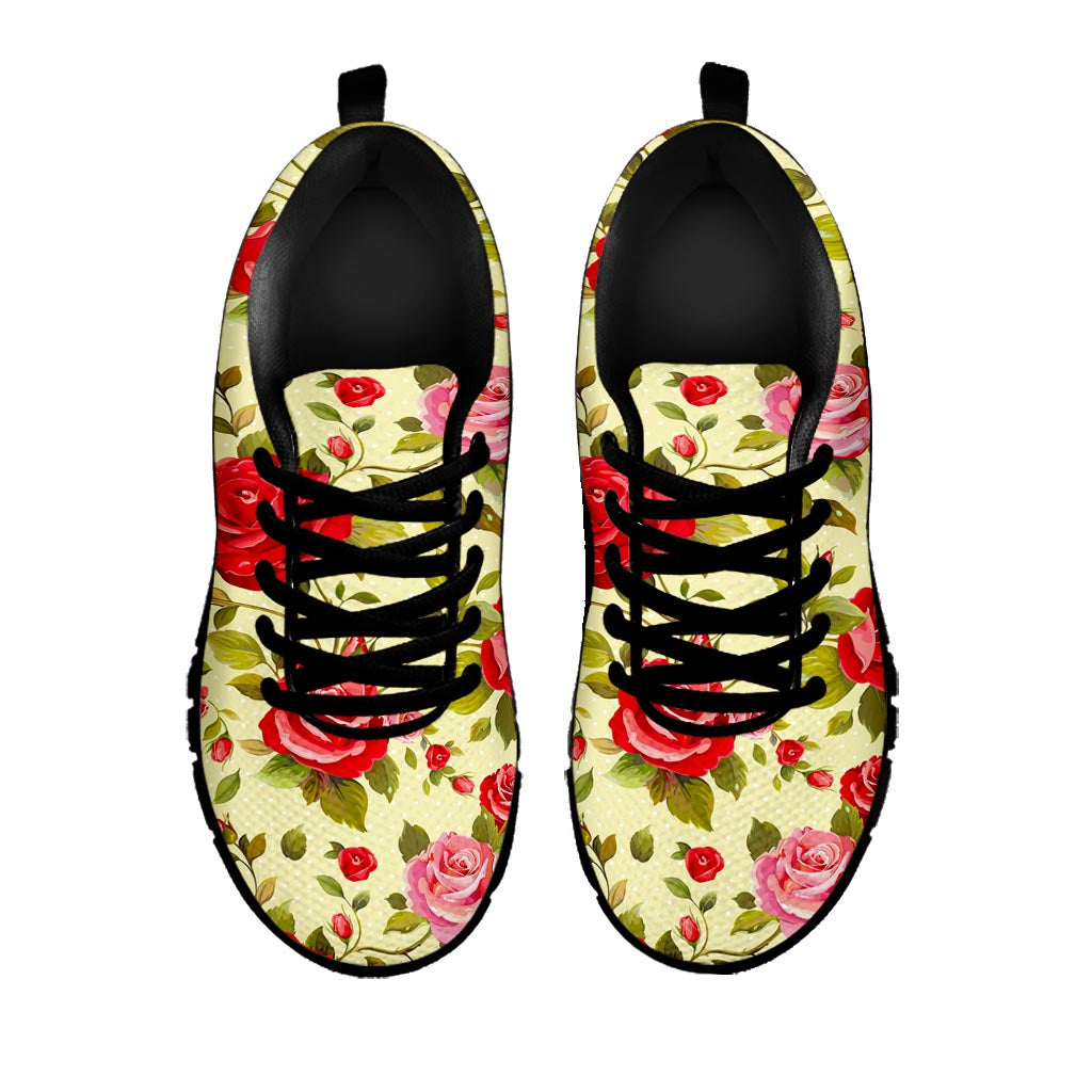 Red Pink Rose Floral Pattern Print Black Running Shoes