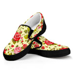 Red Pink Rose Floral Pattern Print Black Slip On Sneakers