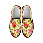 Red Pink Rose Floral Pattern Print Black Slip On Sneakers