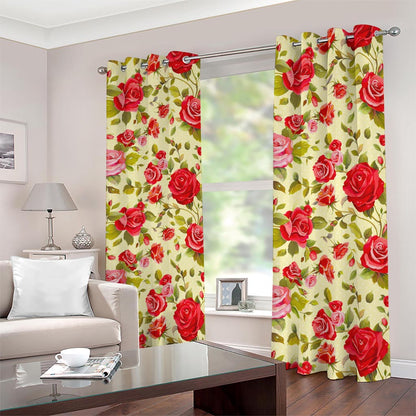 Red Pink Rose Floral Pattern Print Blackout Grommet Curtains