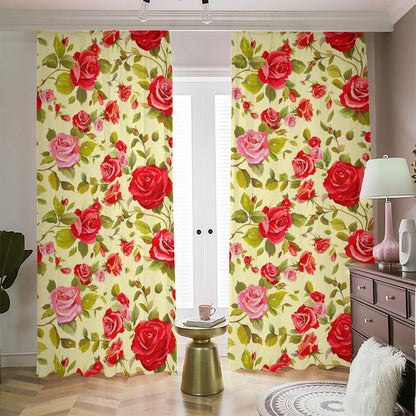 Red Pink Rose Floral Pattern Print Blackout Pencil Pleat Curtains