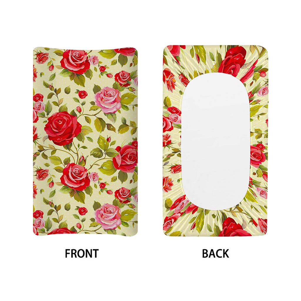 Red Pink Rose Floral Pattern Print Changing Pad Cover