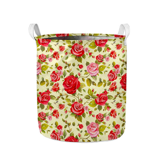 Red Pink Rose Floral Pattern Print Collapsible Laundry Basket