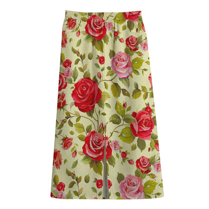 Red Pink Rose Floral Pattern Print Cotton Front Slit Maxi Skirt