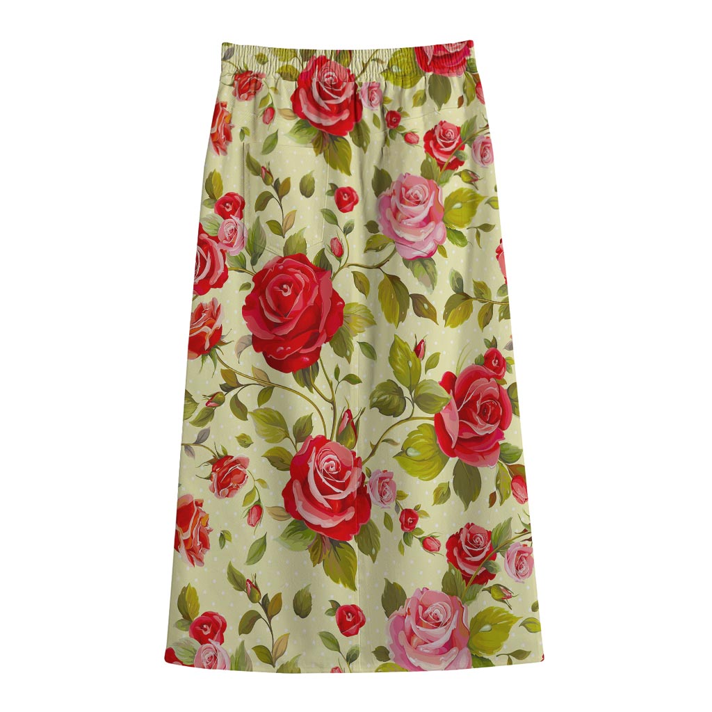Red Pink Rose Floral Pattern Print Cotton Front Slit Maxi Skirt