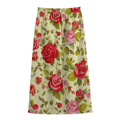 Red Pink Rose Floral Pattern Print Cotton Front Slit Maxi Skirt