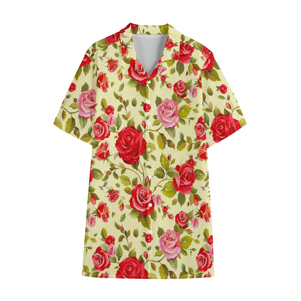 Red Pink Rose Floral Pattern Print Cotton Hawaiian Shirt