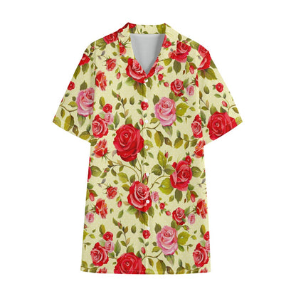 Red Pink Rose Floral Pattern Print Cotton Hawaiian Shirt