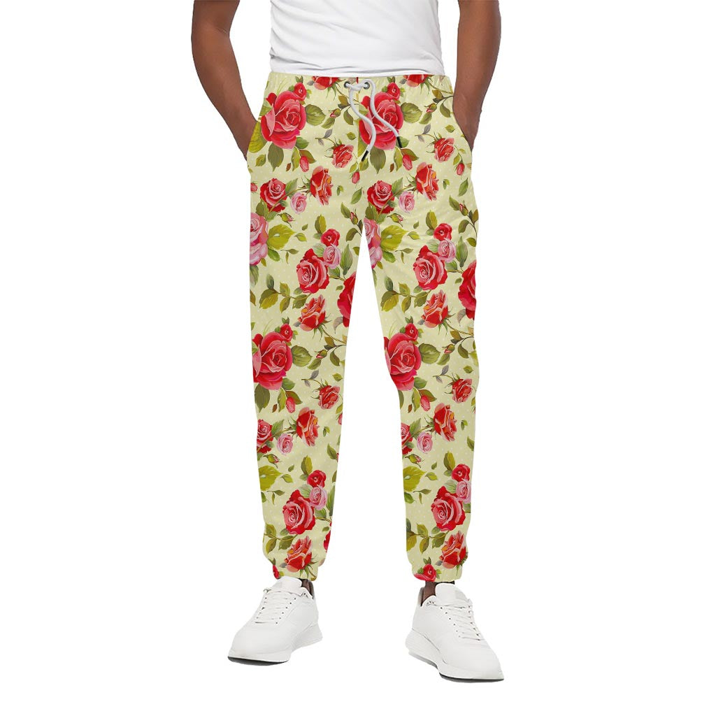 Red Pink Rose Floral Pattern Print Cotton Pants