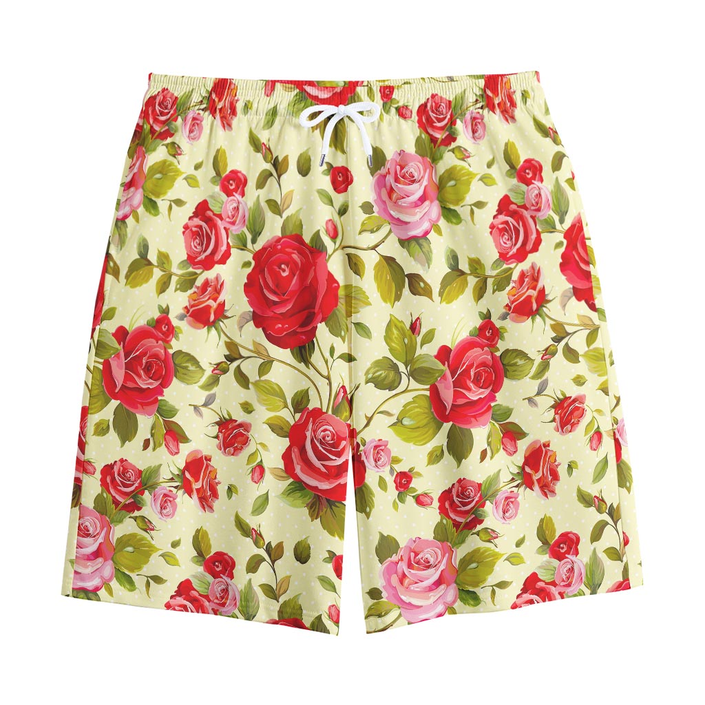 Red Pink Rose Floral Pattern Print Cotton Shorts