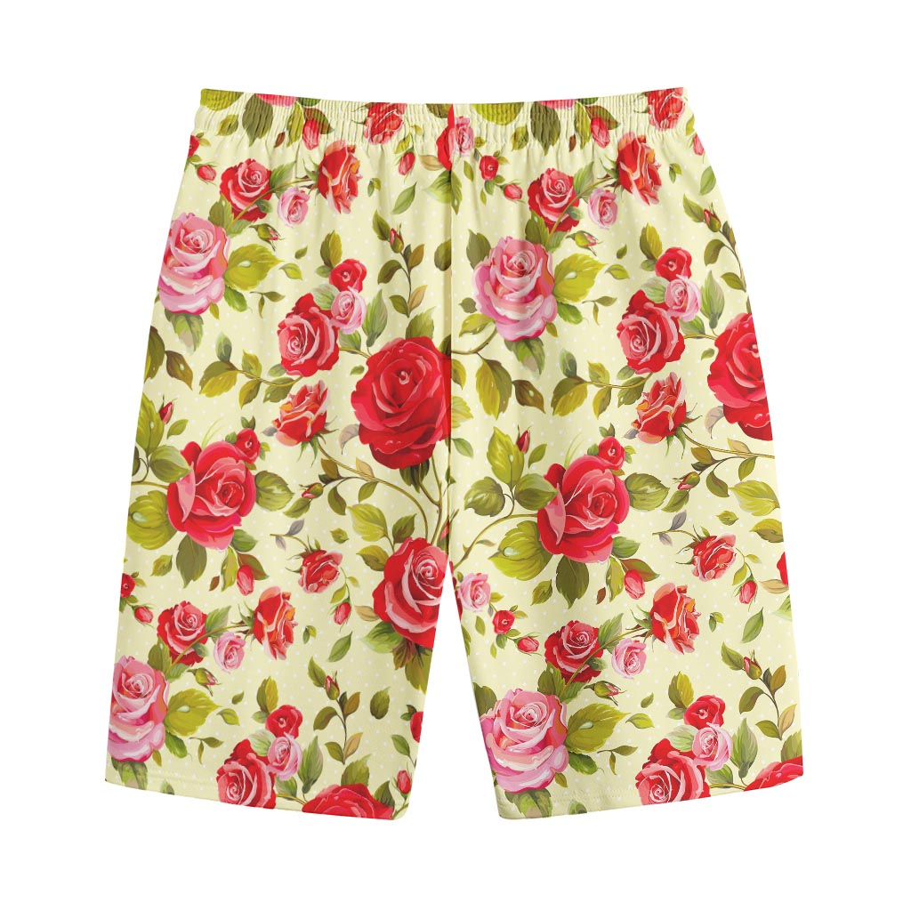 Red Pink Rose Floral Pattern Print Cotton Shorts
