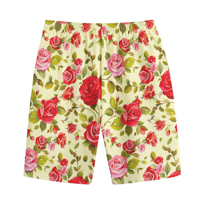 Red Pink Rose Floral Pattern Print Cotton Shorts