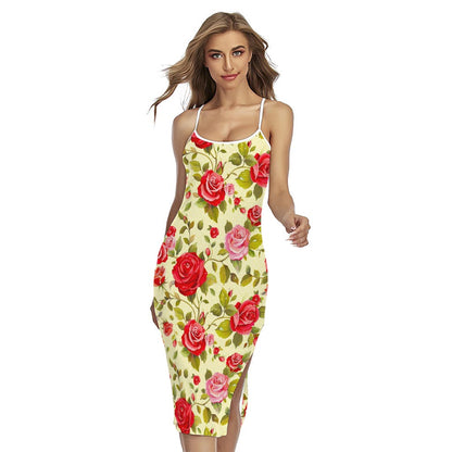 Red Pink Rose Floral Pattern Print Cross Back Cami Dress