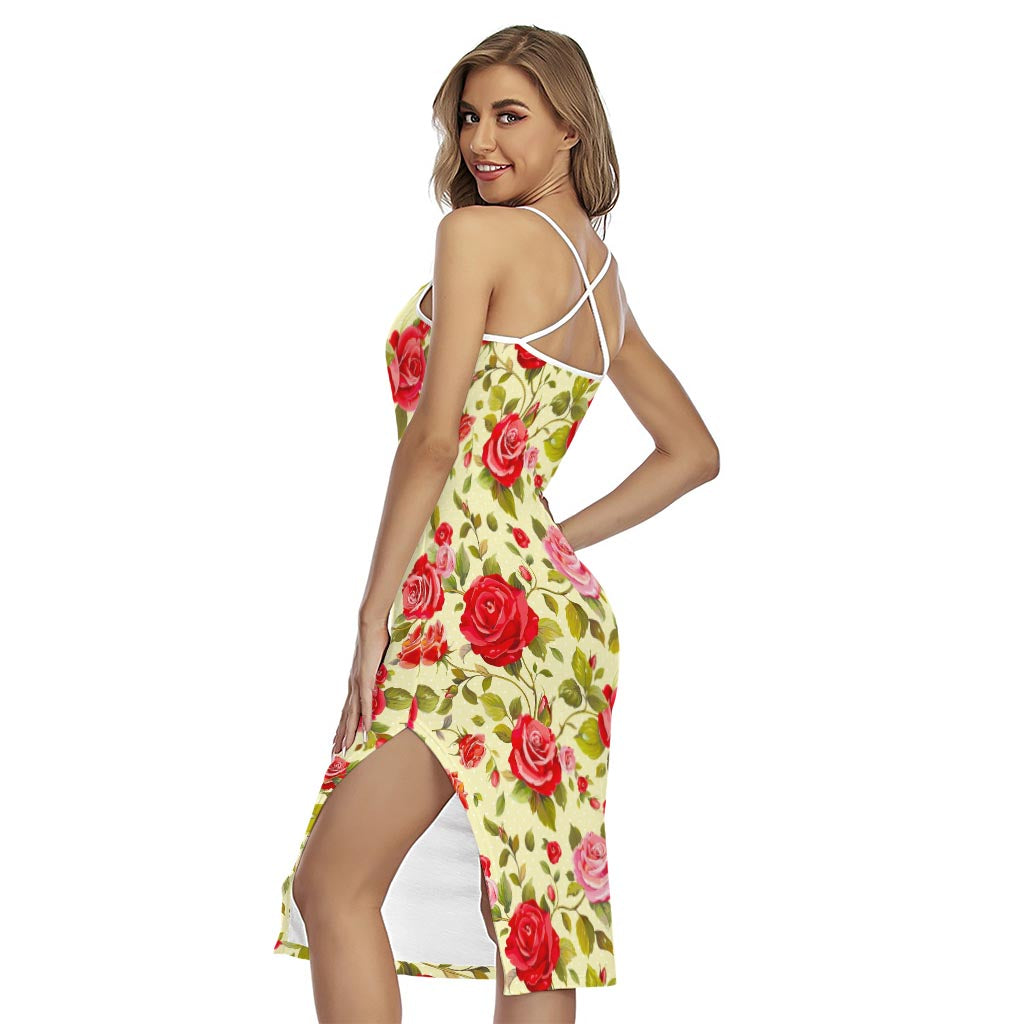 Red Pink Rose Floral Pattern Print Cross Back Cami Dress