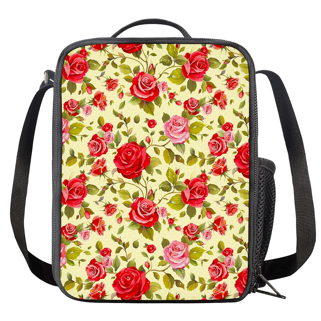 Red Pink Rose Floral Pattern Print Crossbody Lunch Bag
