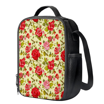 Red Pink Rose Floral Pattern Print Crossbody Lunch Bag