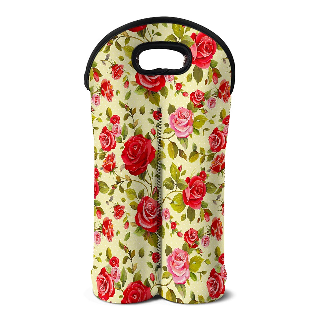 Red Pink Rose Floral Pattern Print Double Neoprene Wine Tote