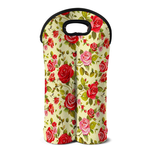 Red Pink Rose Floral Pattern Print Double Neoprene Wine Tote