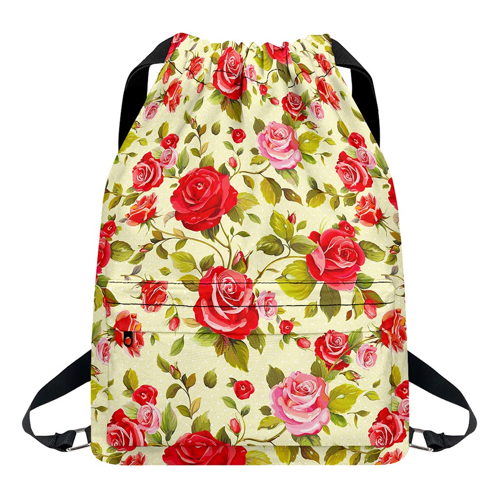 Red Pink Rose Floral Pattern Print Drawstring Backpack