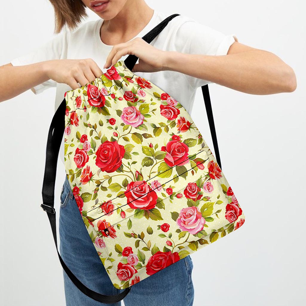 Red Pink Rose Floral Pattern Print Drawstring Backpack