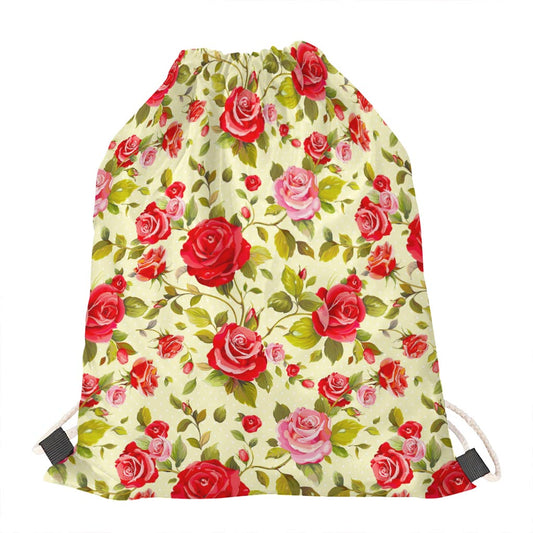 Red Pink Rose Floral Pattern Print Drawstring Bag