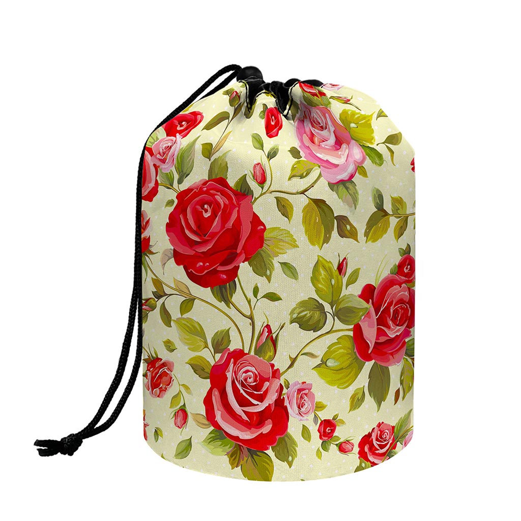 Red Pink Rose Floral Pattern Print Drawstring Makeup Bag