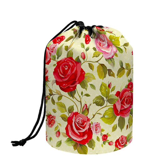 Red Pink Rose Floral Pattern Print Drawstring Makeup Bag