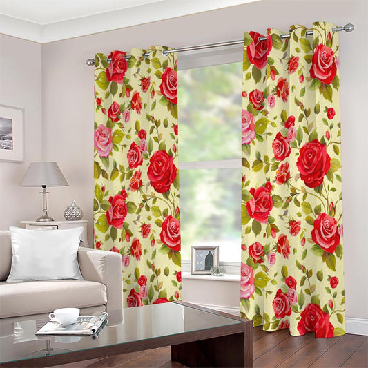 Red Pink Rose Floral Pattern Print Extra Wide Grommet Curtains