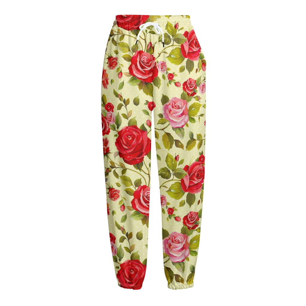 Red Pink Rose Floral Pattern Print Fleece Lined Knit Pants
