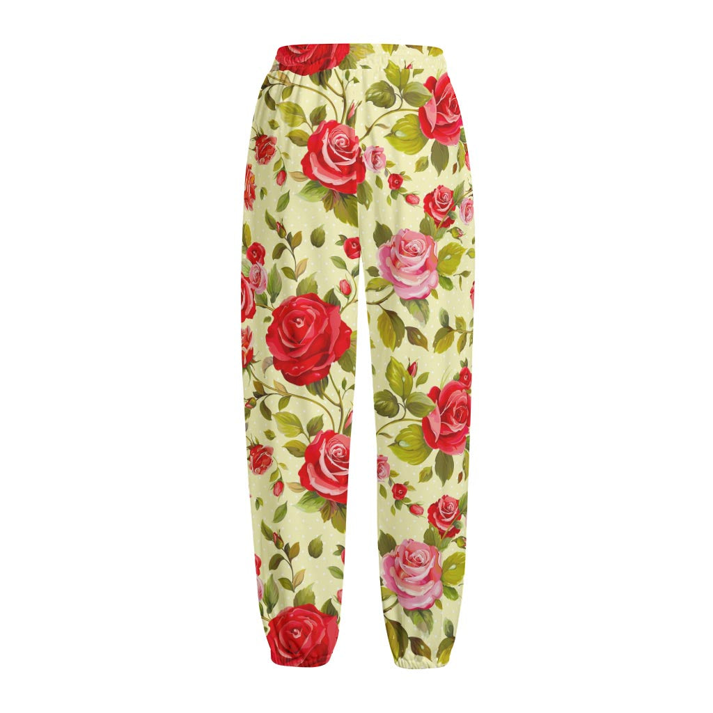 Red Pink Rose Floral Pattern Print Fleece Lined Knit Pants